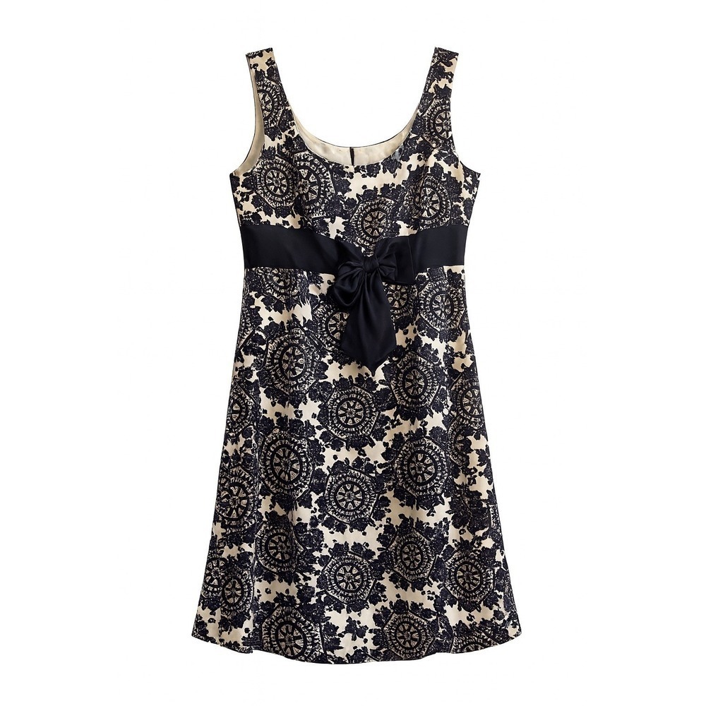 David Meister Silk Dress Sz 8 Black Cream Lace Bow A-Line Detail